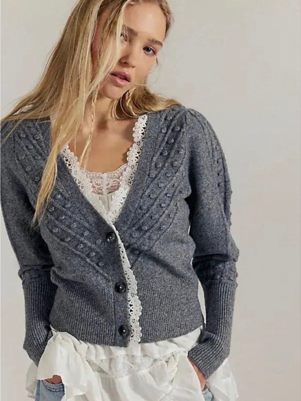 Free People Lace SoftSpun Cardi in Grey